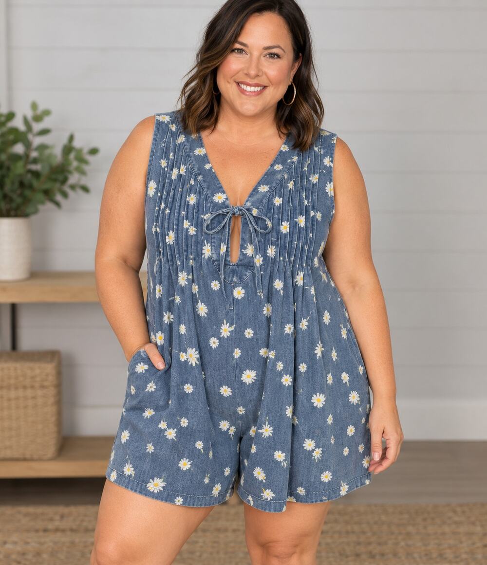 Like Love Daisy Mae Floral Denim Romper Women's 1X Cotton